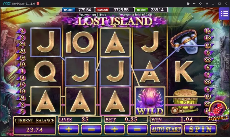 Lost Island slot on Mega888 with gold A, J and 10 symbols, a purple lotus WILD on reel 4 and a win of 1.04 on 3 lines, 25 lines at bet 0.25
