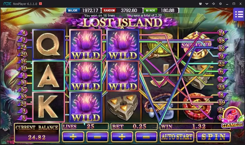 Lost Island reels with purple lotus WILD symbols stacked on reels 2 and 3 and many coloured win lines, total win 1.32 on 25 lines