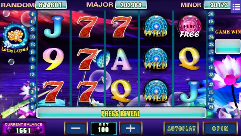 Lotus Legend on Mega888 with red sevens on reels 1 and 2, three blue lotus WILD orbs on reel 4 and a pink PLAY FREE orb, bet 100 and a Press Reveal bar