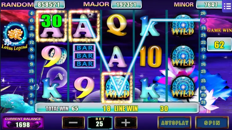 Lotus Legend win with a BAR stack on reel 2, a WILD on reel 4 and a win line through A, BAR and WILD; total win 65 with 18 line win 30