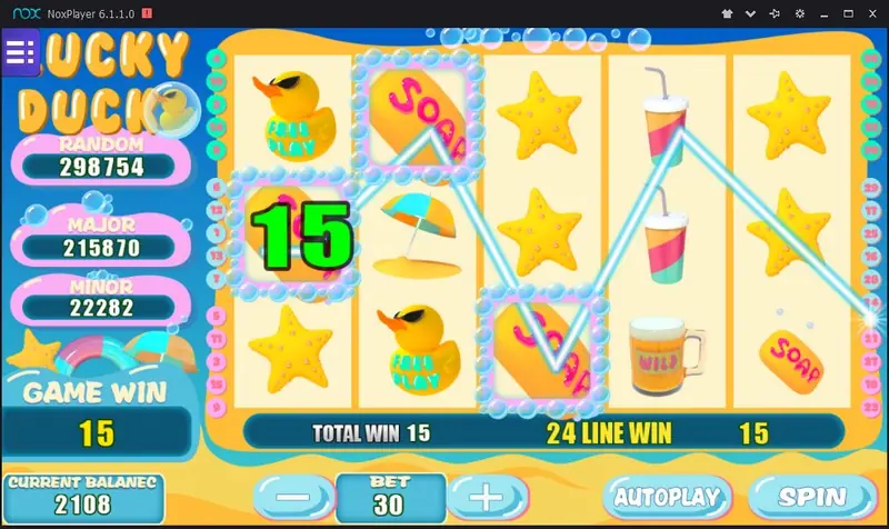 Lucky Duck win of 15 on line 24 made of three soap bars, with rubber ducks, starfish, drink cups and a beer-mug WILD around it