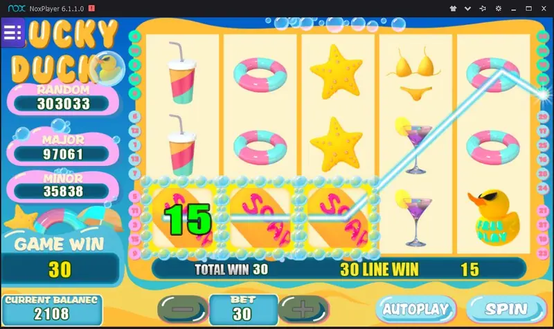Lucky Duck slot on Mega888 with drink cups, swim rings, starfish, cocktails and a sunglasses rubber duck marked FREE PLAY, with a win of 15 on line 30 at bet 30