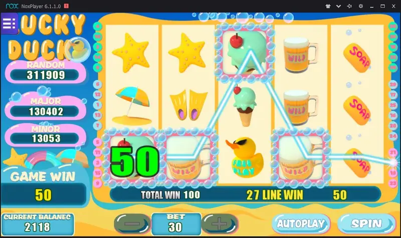 Lucky Duck reels with a beer-mug WILD completing a win of 50 on line 27 alongside ice cream and a sunglasses duck