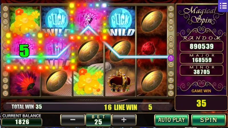 Magical Spin win with glowing CLICK WILD symbols on reels 2 and 4, a green 5 marker on reel 1, total win 35 and 16 LINE WIN 5, bet 25