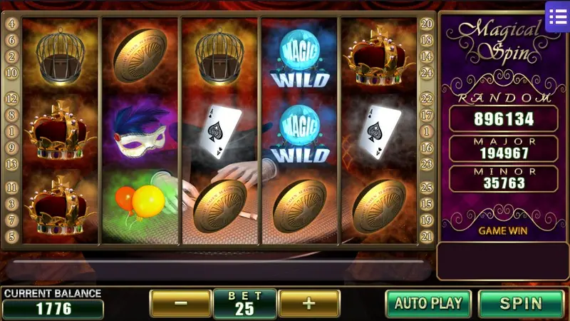 Magical Spin reels with two MAGIC WILD crystal balls stacked on reel 4, birdcages, crowns and a gold coin, bet 25