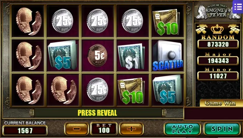 Money Fever slot on Mega888 with copper coins, 25c silver coins, $1, $5 and $10 note bundles and a steel safe marked SCATTER, bet 100
