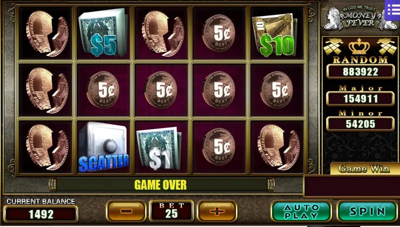 Money Fever reels at bet 25 with split coins on reels 1 and 3, five 5c coins, a $10 bundle and a safe SCATTER on reel 2, with GAME OVER in the bar