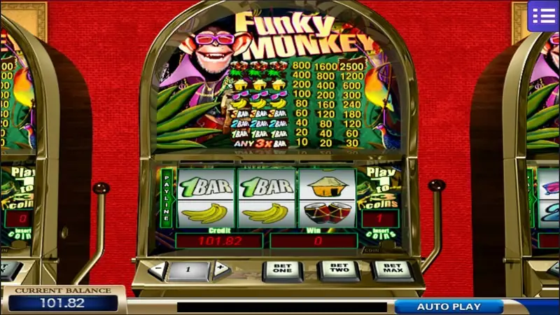 Funky Monkey three-reel machine on Mega888 with a monkey in pink sunglasses above a printed paytable, 1BAR and bananas on the payline, Bet One, Bet Two and Bet Max buttons