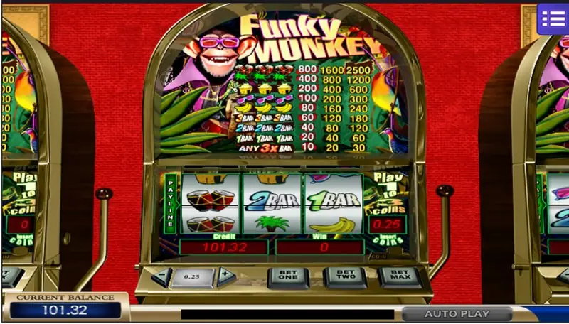 Funky Monkey cabinet mid-game with 2BAR, a hut and a pair of drums on the payline and the credit at 101.32