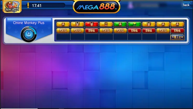Mega888 lobby with the Online Monkey Plus table, a coloured history strip of past results and the username blurred
