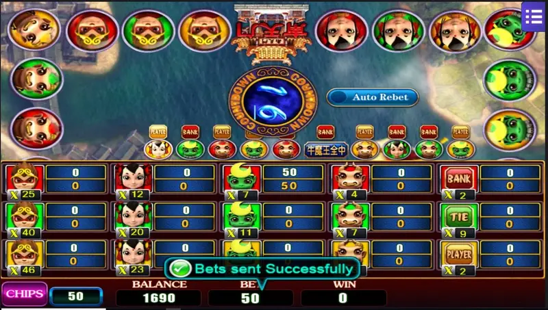 Monkey Story betting board on Mega888 with character portraits paying x4 to x46, Bank x2, Tie x9 and Player x2 boxes, a countdown timer and 'Bets sent Successfully'