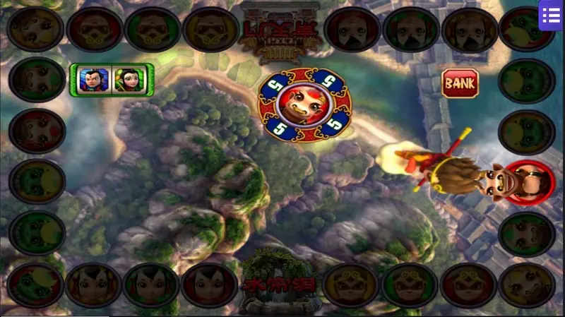 Monkey Story result view with the Monkey King flying over a valley, a numbered spinner in the centre and a BANK tag on the right