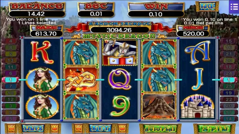 Mystic Dragon win on line 1 with a flaming x2 symbol on reel 2 between two blue dragons, the princess on reel 1 and 'You won 0.10 on line 1'