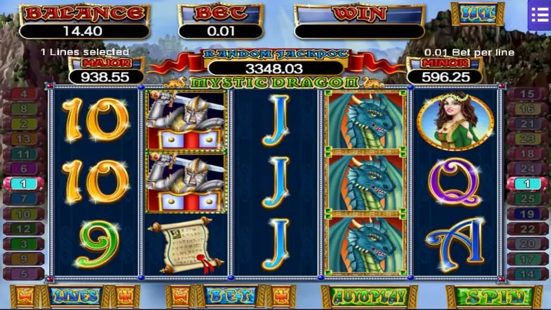 Mystic Dragon reels with stacked dragons on reel 4, a knight and a scroll on reel 2 and the princess on reel 5 at 1 line, bet 0.01
