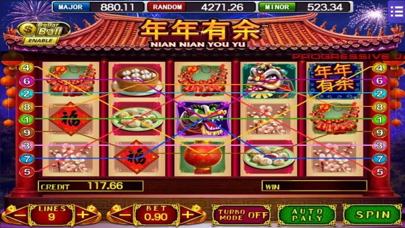 Nian Nian You Yu slot on Mega888 under a red temple roof with firecrackers, steamed buns, dumplings, a lion dance head and a 福 symbol, 9 lines at bet 0.90
