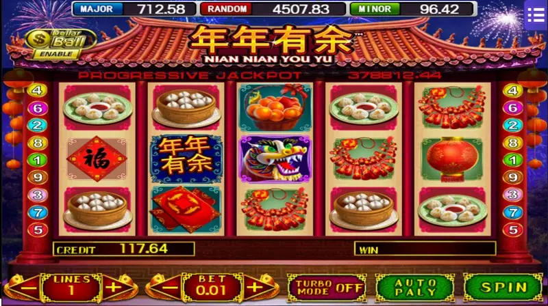 Nian Nian You Yu reels at 1 line and bet 0.01 with dumplings, a 福 diamond, the 年年有余 tile, a lion dance head and lanterns