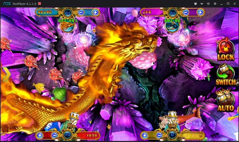 Ocean King table with a huge golden dragon curling across the left of the reef and pink crystal coral around it