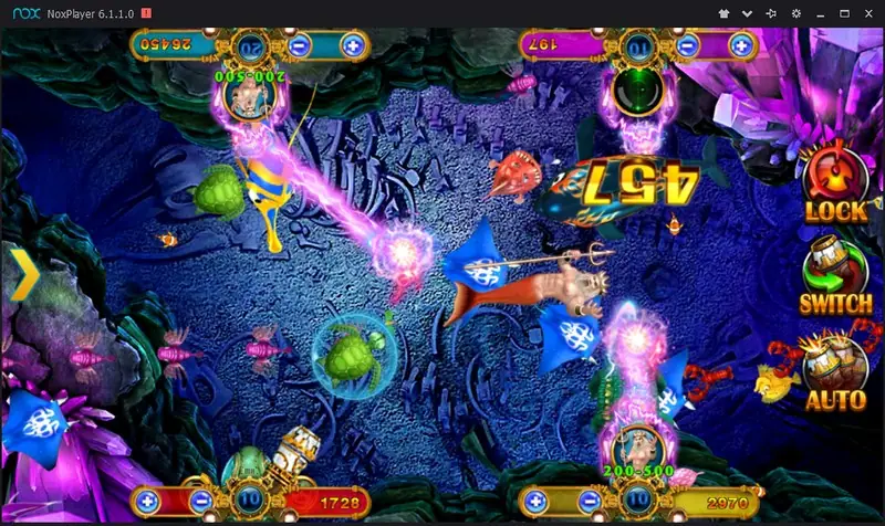 Ocean King fish shooting game on Mega888 with pink laser shots hitting a large fish worth 457, sea turtles, manta rays and a merman with a trident, Lock, Switch and Auto buttons on the right
