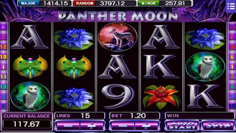 Panther Moon slot on Mega888 with a snowy owl, a howling wolf in a red moon, butterflies, blue and red flowers and silver card ranks, 15 lines at bet 1.20
