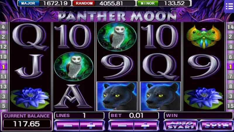 Panther Moon reels with two black panther symbols on reels 4 and 5, the owl on reel 3 and 9, Q, 10 and A ranks, 1 line at bet 0.01
