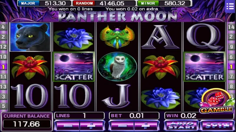 Panther Moon result with two SCATTER moon symbols on reels 2 and 5, 'You won 0.02 on extra', a WIN of 0.02 and a GAMBLE button