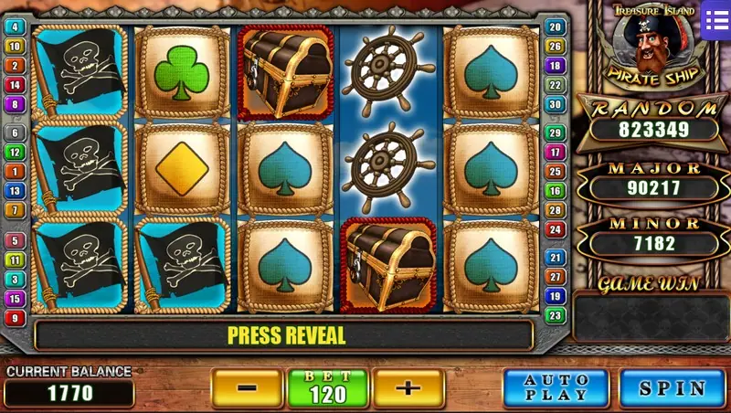 Pirate Ship slot on Mega888 with pirate flags, treasure chests, ship's wheels and card suits on rope-framed tiles, bet 120 with Press Reveal, and a pirate captain logo on the right