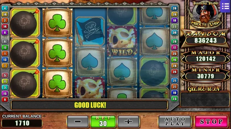 Pirate Ship reels with bombs stacked down reel 1, green clubs on reel 2 and a skull WILD on reel 4, bet 30 with Good Luck in the bar