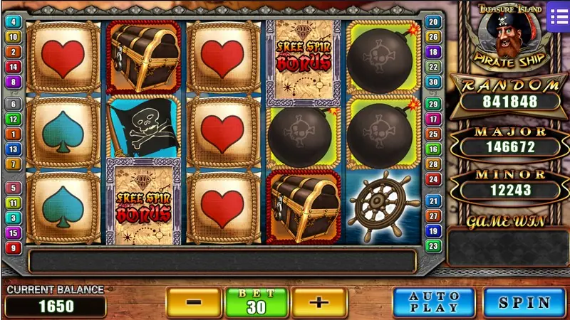 Pirate Ship reels with two FREE SPIN BONUS map symbols on reels 3 and 4, a treasure chest and bombs, bet 30