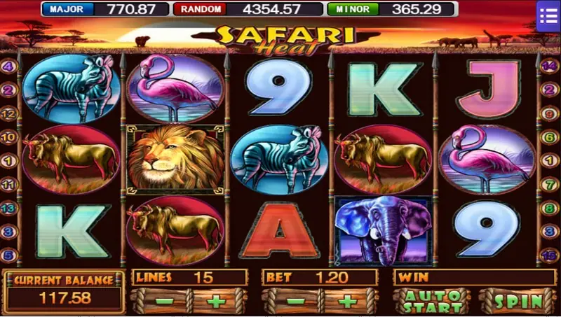 Safari Heat slot on Mega888 with a zebra, a flamingo, a lion, a buffalo and a purple elephant on five reels at sunset, 15 lines at bet 1.20