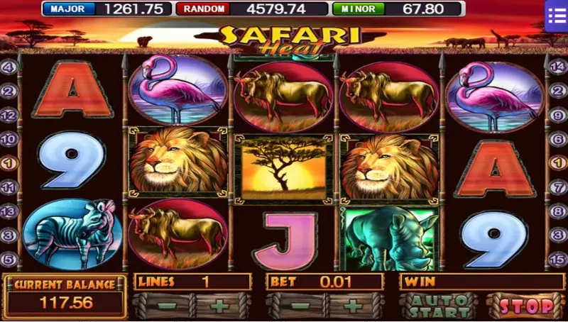 Safari Heat reels at 1 line and bet 0.01 with flamingos, lions, a buffalo, a rhino and the acacia sunset symbol on reel 3
