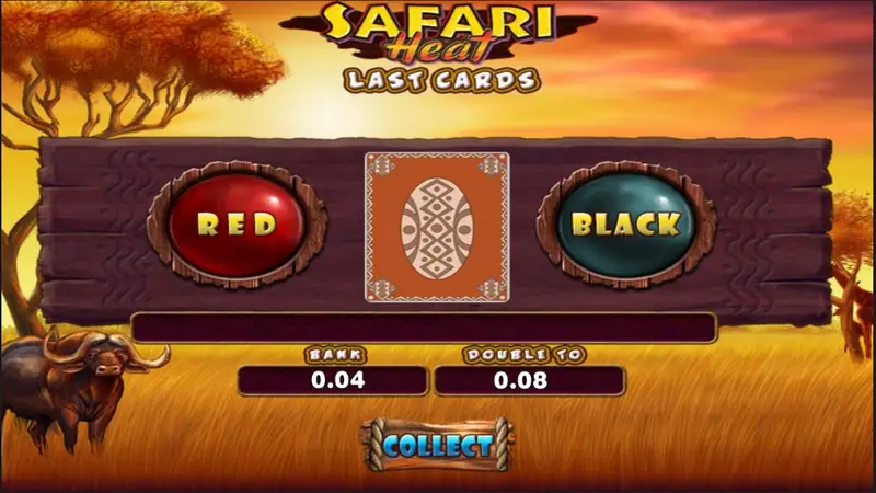Safari Heat Last Cards gamble screen with RED and BLACK buttons around a face-down card, BANK 0.04, DOUBLE TO 0.08 and a COLLECT button