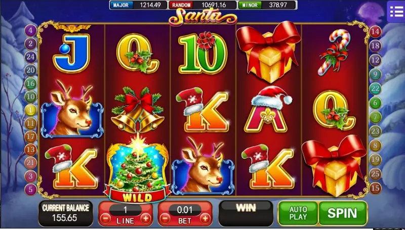 Santa slot with a Christmas tree WILD on reel 2, reindeer, bells, gift boxes and candy canes, jackpots MAJOR 1214.49, RANDOM 10691.16, MINOR 378.97