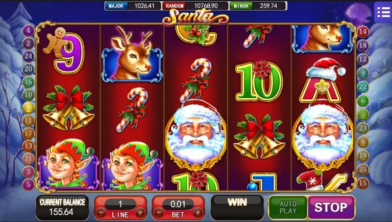 Santa slot with two Santa faces on reels 3 and 5, two elves on the bottom row and a STOP button, balance 155.64