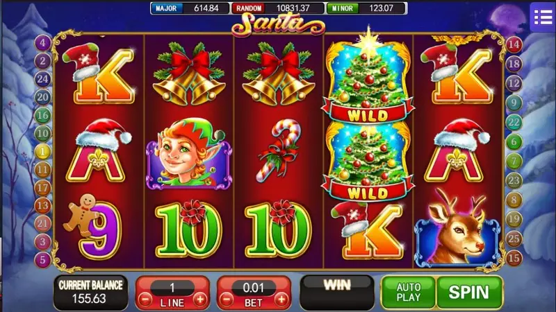 Santa reels with two Christmas tree WILD tiles stacked on reel 4, an elf, bells, a gingerbread 9 and a reindeer bottom right