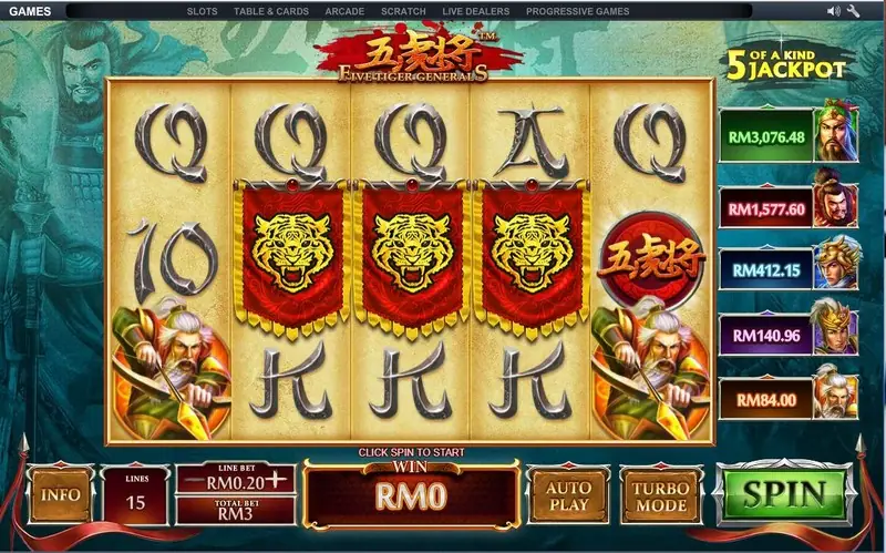 Five Tiger Generals reels with three red tiger-head banners across reels 2 to 4, a red logo coin, a white-bearded archer general, the 5 OF A KIND JACKPOT ladder at the side, LINES 15, LINE BET RM0.20, TOTAL BET RM3