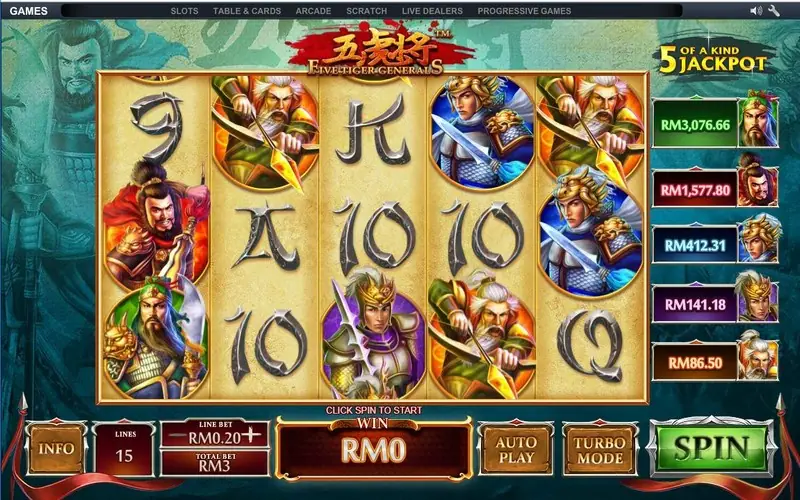Five Tiger Generals reels with the general in red and the green-hatted general on reel 1, the purple-armoured general on reel 3 and young generals in blue armour on reels 4 and 5