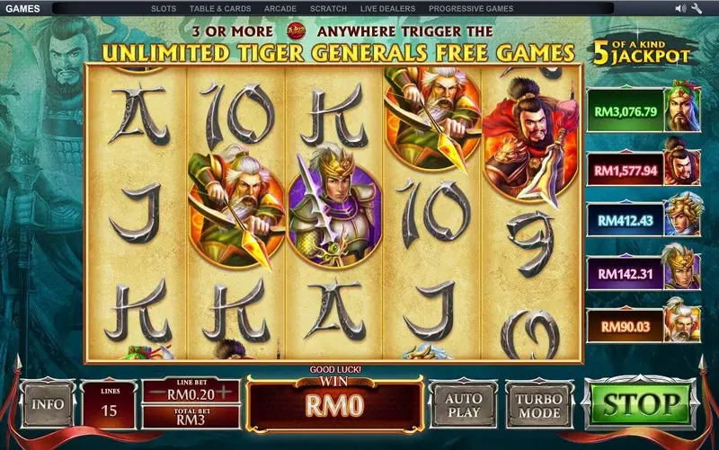 Banner reading 3 or more anywhere trigger the Unlimited Tiger Generals Free Games above reels with four generals