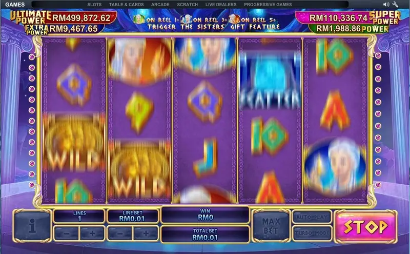 Mid-spin Fate Sisters screen with a banner reading sister on reel 1, reel 3 and reel 5 trigger the Sisters' Gift feature