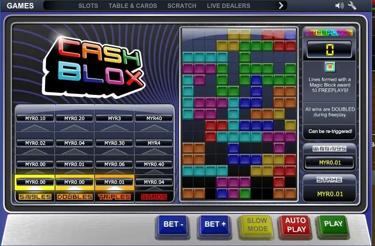 Cash Blox well almost full of coloured blocks, with the lowest singles, doubles and triples boxes lit yellow and winnings of MYR0.01