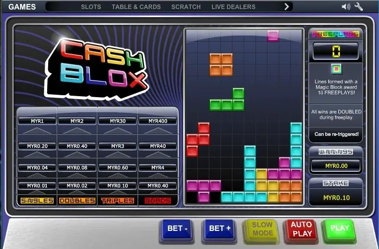 Cash Blox screen with coloured blocks falling into a grid, a paytable for singles, doubles, triples and quads at a MYR0.10 stake, and BET minus, BET plus, SLOW MODE, AUTO PLAY and PLAY buttons