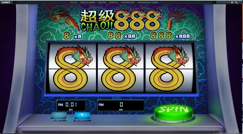 Three full dragon 8s lined up across the Chao Ji 888 reels at BET RM0.01