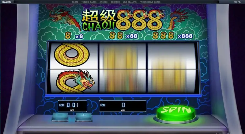 Reel 1 stopped on a dragon 8 while reels 2 and 3 are still spinning