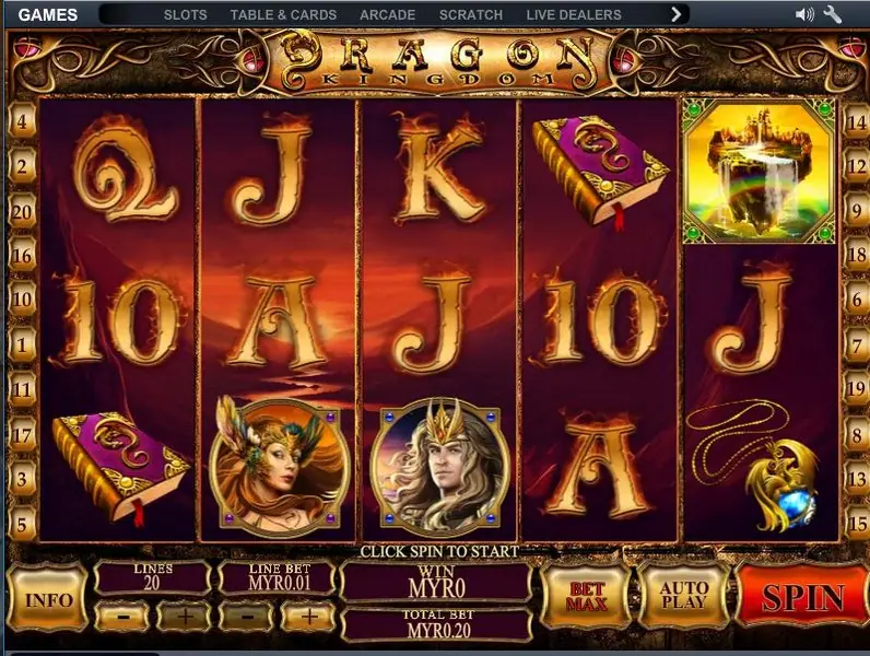 Dragon Kingdom reels in red and gold with fiery card letters, a spellbook, an elf warrior, a crowned prince, a dragon pendant and the floating castle symbol, LINES 20, LINE BET MYR0.01, TOTAL BET MYR0.20