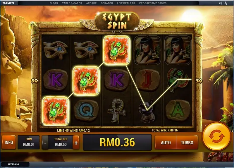 Egypt Spin reels with three glowing green scarab symbols on a win line, eye of Horus, Cleopatra portraits, ankh and a black cat, COIN RM0.01, TOTAL BET RM0.50 and a win of RM0.36