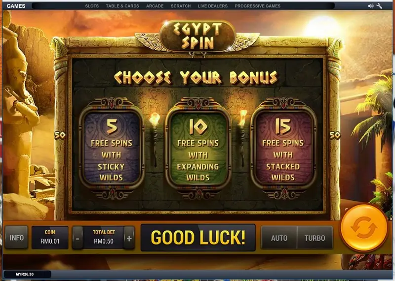 CHOOSE YOUR BONUS screen offering 5 free spins with sticky wilds, 10 with expanding wilds or 15 with stacked wilds