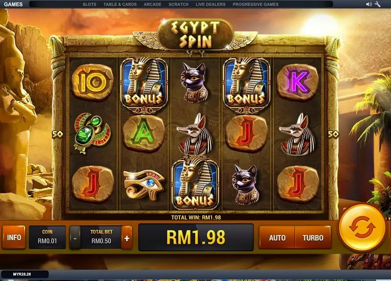 Egypt Spin reels with three pharaoh BONUS tiles on reels 2, 3 and 4 and a total win of RM1.98