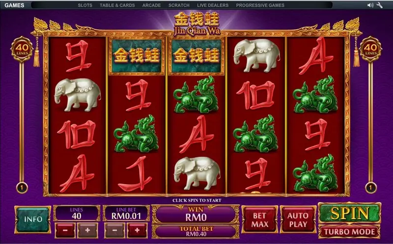 Jin Qian Wa set to 40 lines with total bet RM0.40, two money frog tiles on reels 2 and 3 and jade creatures on the right