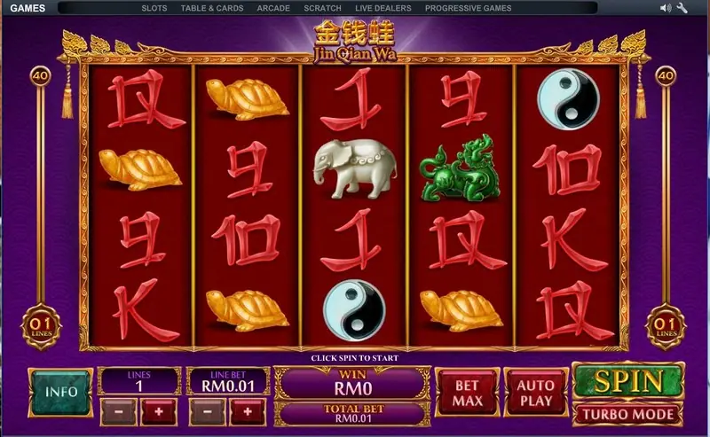 Jin Qian Wa at 1 line and RM0.01, a yin-yang symbol, gold turtles and white elephant on the reels