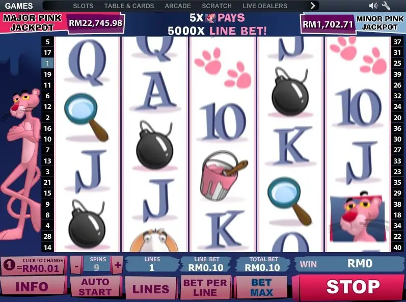 Pink Panther reels with bombs, paint pots and magnifying glasses, and a banner reading 5X Pink Panther pays 5000X line bet between two jackpot boxes