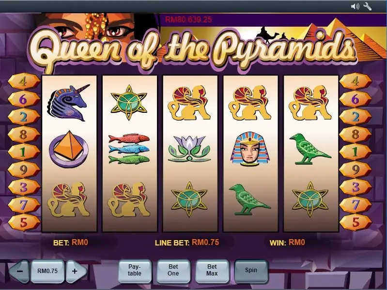 Queen of the Pyramids start screen with a unicorn head, star amulet, lion-bodied sphinx and three fish on white reels, bet RM0 and line bet RM0.75